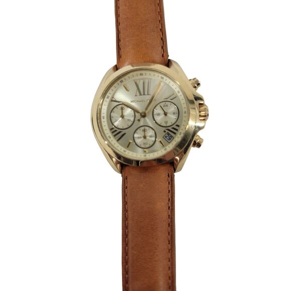 Michael Kors mk-5702 unisex Golden Tone and Brown leather strap Chronograph NWOB - Picture 3 of 7